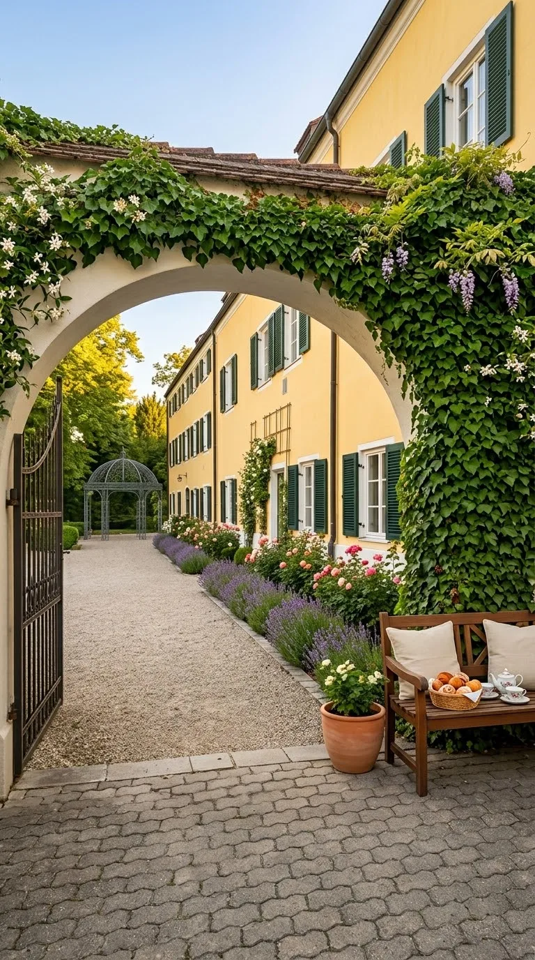 Begrünter Torbogen mit Blick in einen Innenhof mit Blumenbeeten, Pavillon und einer Sitzbank.